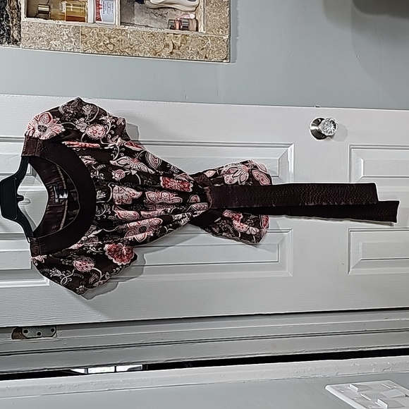 INC International Concepts Tops - Brown and Pink Floral Top with Fabric Belt